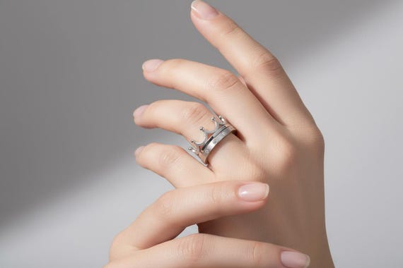Sterling Silver Crown Ring Set: Unisex CZ Stone Band - Etsy