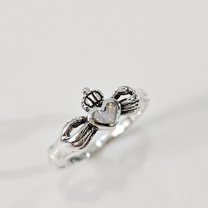 Claddagh White Opal Ring, Tiny Celtic Irish Claddagh Ring, Thin Ring, Sterling Silver Women Ring, Love Friendship Ring, Dainty Ring