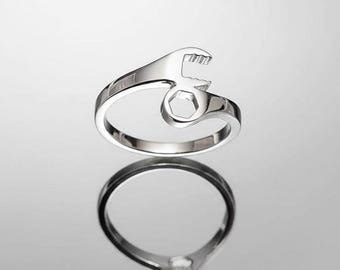 Sterling Silver Wrench Ring: Mechanic Tool Band, High Polish