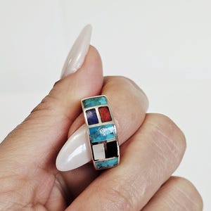 Geometric Multi Stone Sterling Silver Signet Ring: Turquoise, Lapis, Onyx