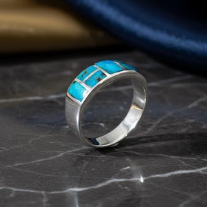 Geometrischer Türkis Herrenring - Sterling Silber Siegelband mit echtem Türkis-Stein | 925 Gestempelt