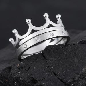 Sterling Silver Crown Ring Set: Unisex CZ Stone Band
