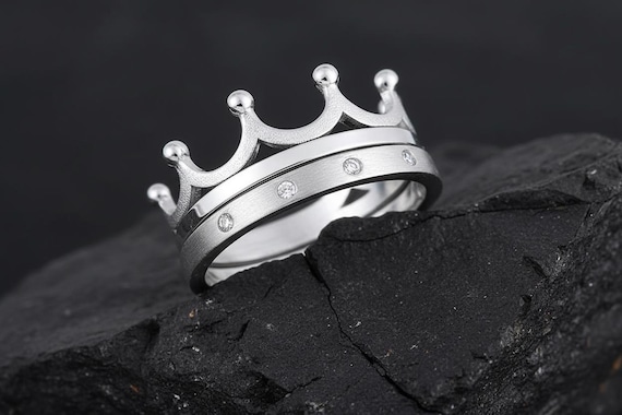 Sterling Silver Crown Ring Set: Unisex CZ Stone Band - Etsy