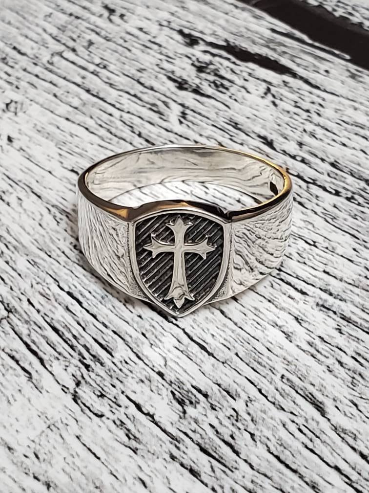 Cross Shield Ring | Men’s Sterling Silver Medieval Ring | Solid 925 Silver | Unique Gift for Him