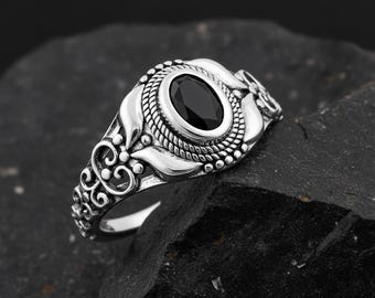 Black Onyx Signet Ring, 925 Sterling Silver Oval Stone