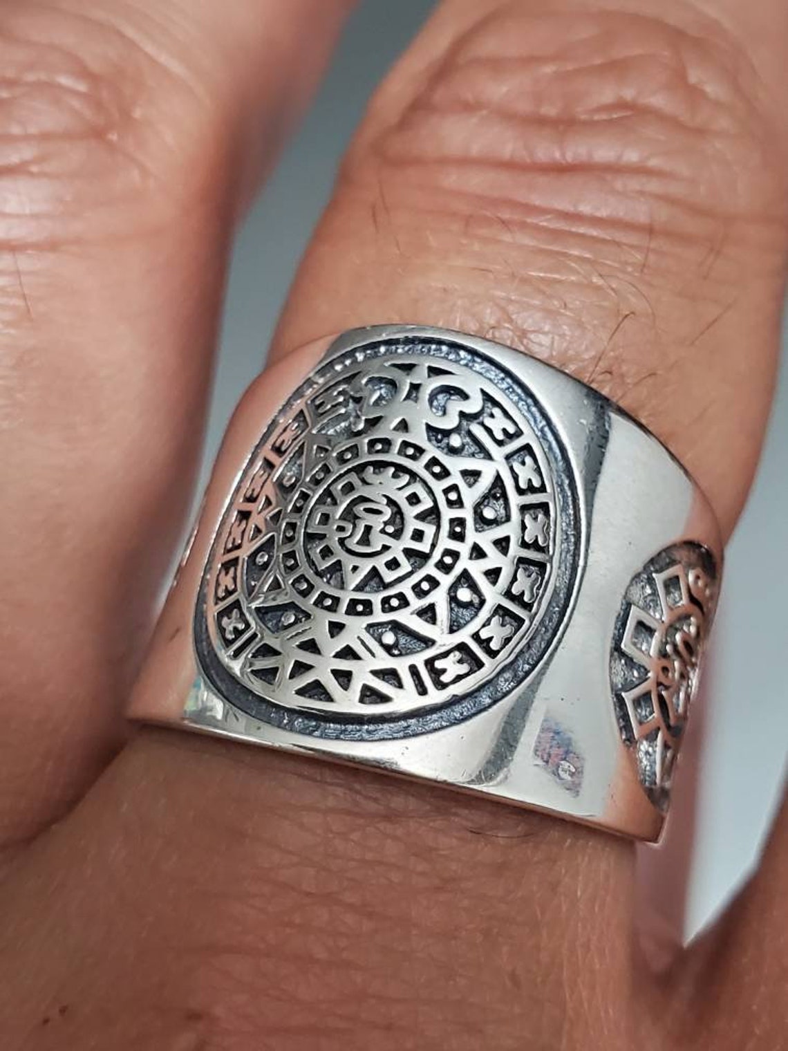 Aztec Calendar Ring Sterling Silver Aztec Ring For Men Large Etsy