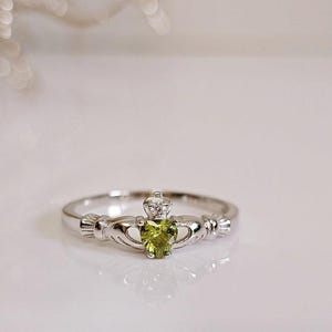 Claddagh Ring with Peridot CZ Tiny Celtic Irish Claddagh | Dainty Minimalist Sterling Silver Ring | Love & Friendship