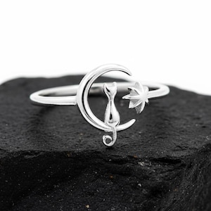Cat on Moon Ring White Lab Opal or Plain Silver– Dainty Sterling Silver 925, Adjustable Thin Band, Cat & North Star Jewelry, Boho Gift