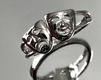 Comedy and Tragedy Masks of Theatre, Face Off Ring, Happy Sad Face Ring, Sterling Silver Ring, Theater Mask Ring, 925 Stamped, Broadway
