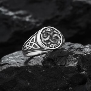 Könnte beinhalten: Ein silberner Ring mit detailliertem Design. Der Ring zeigt ein kreisförmiges Emblem mit zwei verschlungenen Schlangen und einem keltischen Knoten an der Seite. Der Ring ist vor einem dunklen, strukturierten Hintergrund platziert, der seine komplizierten Details hervorhebt.
