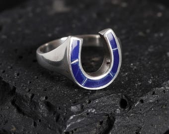 Sterling Silver Horseshoe Ring: Blue Lapis Lucky Charm, Equestrian Jewelry