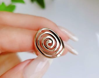 925 Sterling Silver Spiral Ring – Bold Boho Statement Ring for Women | Big Circle Swirl Design