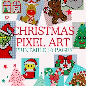 May include: A set of 10 printable Christmas pixel art pages featuring images of a gingerbread man, Santa Claus, a Christmas tree, a reindeer, a Grinch, a stocking, a candy cane, a wreath, a gingerbread house, and a window with a Christmas scene.  The pages are perfect for kids to color and create their own pixel art.