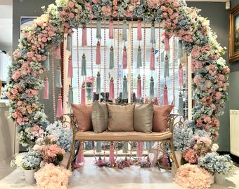 Mehndi Backdrop Decor – Traditional Indian Wedding Stage Decoration – Sangeet Ceremony Setup