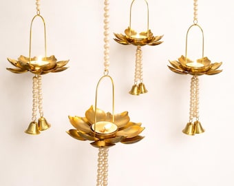 Handcrafted Brass Lotus Tea Light Hanging with Pearl Strands