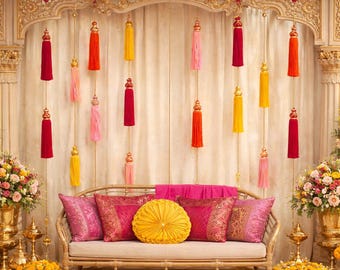 Mehndi Backdrop Decor – Traditional Indian Wedding Stage Decoration – Sangeet Ceremony Setup