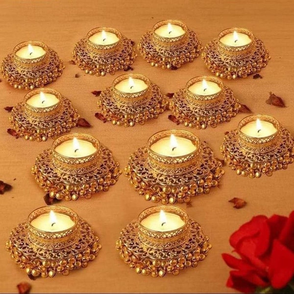 Ethnic Golden Tea Light Candle Holder With Bells Home Living Decor Psychedelic Beautiful Tea Light Holder Party Decoration Diwali T light