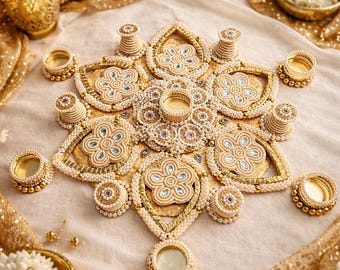 Handcrafted Pearl Rangoli with Diyas for Luxury Festive Floor Decor