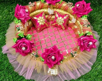 Handcrafted Royal Laddu Gopal Chowki | Pink & Gold Pooja Singhasan | Festive Indian Temple Decor