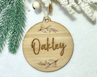 Engraved Wooden Australian Christmas Decoration Personalised, Custom Bamboo Ornament, Boho Xmas Tree Bauble, Stocking Name Tag, Gift Tag