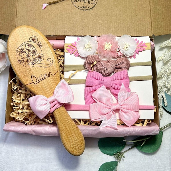 Personalised Wooden Hair Brush and Bow Headband Gift Set, Eid Gift For Girl, Custom 5 Year Old Birthday Gift, Christmas Gift For Toddler