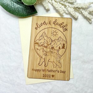 Cute Happy Father's Day Card Personalised, 1st Father's Day for Dad, Cute Engraved Wooden Keepsake For Grandad, Nature Lover Mountain Decor