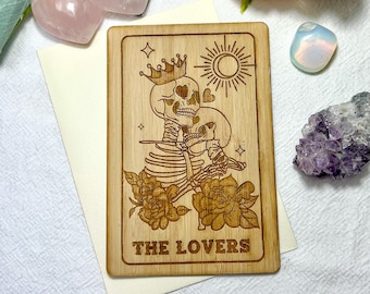 The Lovers Engraved Wooden Tarot Card, Personalised Bamboo Keepsake Card for Valentines Day, Wooden Anniversary Card For Husband and Wife