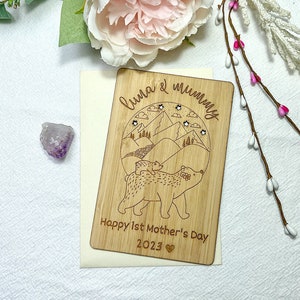 Biglietto d'auguri per la festa della mamma, personalizzato per neomamme e neonati, con incisione personalizzata per la prima festa della mamma per la nonna, biglietto ricordo in legno per la tata.