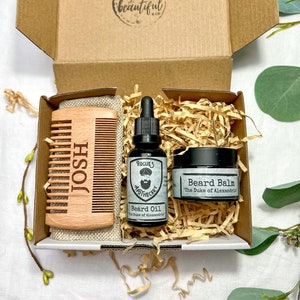 Men's Personalised Beard Care Gift Box, Natural Growth Beard Oil and Balm, Moustache Comb, Self Care, Eid Gift, Fathers Day Gift For Dad image 1
