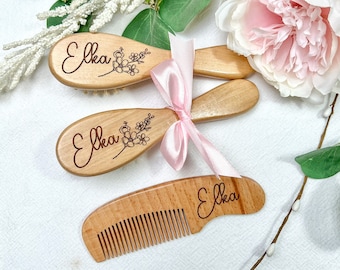 Personalised Baby Wooden Hair Brush and Comb Set of 3, Custom Engraved Keepsake Gift For Newborn, Baby Shower Gift For Baby Boy or Baby Girl