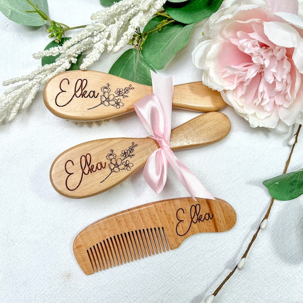 Ensemble de 3 brosses à cheveux et peignes en bois personnalisés pour bébé, cadeau souvenir gravé personnalisé pour nouveau-né, cadeau de baby shower pour bébé garçon ou petite fille