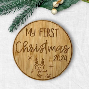 Enseigne Premier Noël 2024 de bébé personnalisée, plaque 1er Noël gravée, disque jalon, accessoire de photographie pour nouveau-né, idée photo pour carte de Noël