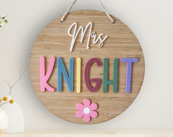 Teacher Classroom Sign Personalised, Pastel Wood & Acrylic Name Plaque, Custom Round Welcome Door Sign, Back To School Decor, Thank You Gift