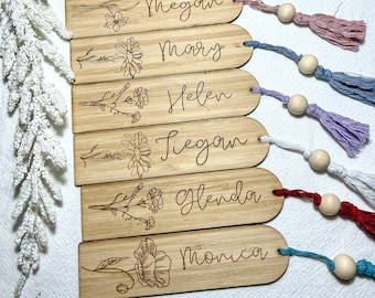 Wooden Birth Flower Bookmark With Tassel, Personalised Engraved Book Club Christmas Gift, Cute Mothers Day Gift, Custom Birthday Month Gift