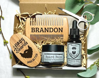 Beard Kit, Moustache Gift Box Personalised, Fathers Day Gift For Dad, Engraved Beard Brush, Moustache Comb Wood, Natural Beard Oil and Balm