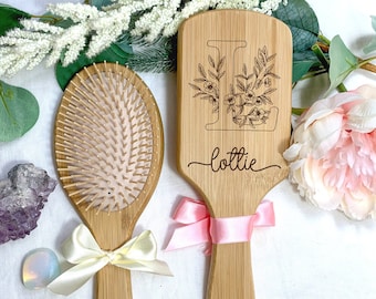 Engraved Bamboo Hair Brush For Girls, Personalised Name Gift For Dance Team, Floral Monogram Mother's Day For Mum, Teenage Girl Birthday