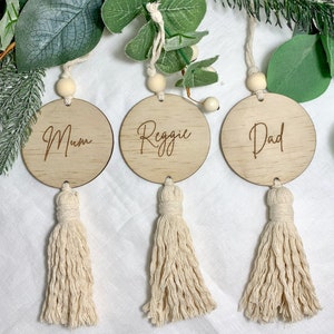 Personalised Engraved Wooden Christmas Decoration, Custom Macrame Tassel Ornament, Wooden Christmas Tree Decor, Stocking Name Tag, Gift Tag