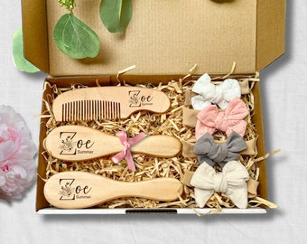 Baby Brush Set, Personalised Wooden Baby Hair Brush With Comb & Headband Gift Box, Custom Keepsake for Newborn, Baby Shower Gift For Girl