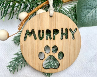 Dog Christmas Ornament Personalised, Engraved Wooden Paw Print Christmas Tree Decoration, Custom 2023 Cat Bauble, Pet Christmas Gift Tag