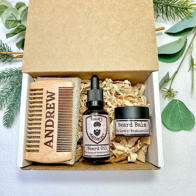 Men's Personalised Beard Care Gift Box, Natural Growth Beard Oil and Balm, Moustache Comb, Self Care, Eid Gift, Fathers Day Gift For Dad image 2