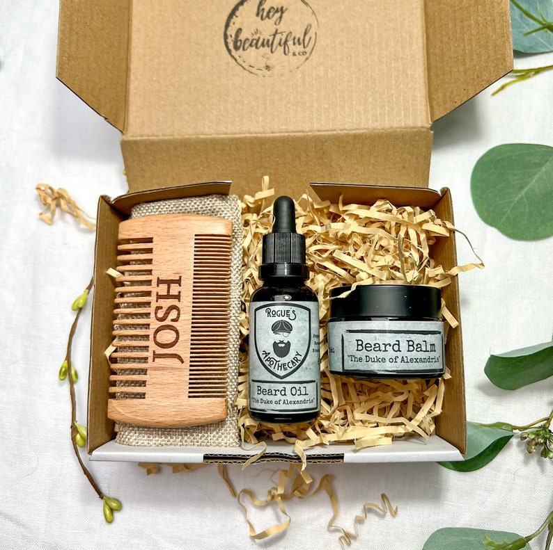 Men's Personalised Beard Care Gift Box, Natural Growth Beard Oil and Balm, Moustache Comb, Self Care, Eid Gift, Fathers Day Gift For Dad image 1