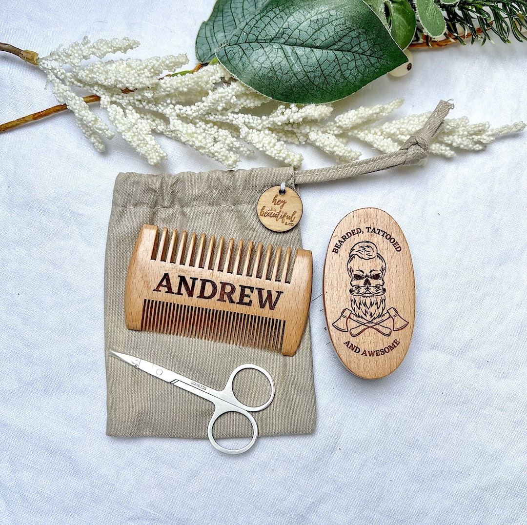 Personalised Wooden Beard and Moustache Grooming Kit, Beard Brush, Comb