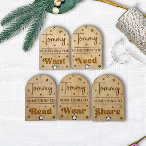 Want Need Read Share Wear Christmas Gift Tags Custom, Santa 5 Gift Rule Tags, Engraved Wooden Something To Tags Personalised, Mindful Giving