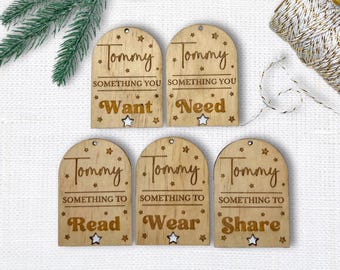 Want Need Read Share Wear Christmas Gift Tags Custom, Santa 5 Gift Rule Tags, Engraved Wooden Something To Tags Personalised, Mindful Giving