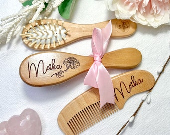 Wooden Baby Hair Brush and Comb Set of 3, Custom Engraved Keepsake Gift For Newborn, Personalised Baby Shower Gift For Baby Boy or Baby Girl