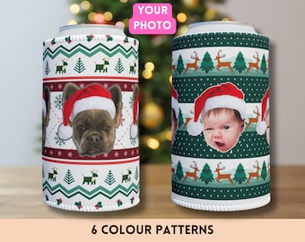 Ugly Christmas Sweater Stubby Holder With Personalised Photo, Custom Premium Can Cooler, Pet Face on Drink Cooler, Christmas Stocking Filler