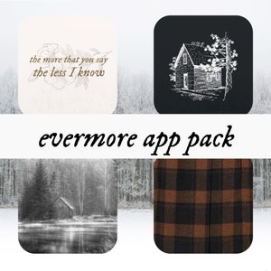 May include: A digital app pack with a black and white illustration of a cabin in the woods, a black and brown plaid pattern, a black and white photo of a cabin in the woods, and a white background with the text "the more that you say the less I know" in brown text.