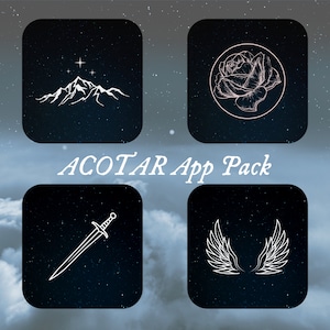 Puede incluir: Un conjunto de cuatro iconos de aplicación con fondo azul oscuro y contornos blancos. Los iconos representan una cordillera con estrellas, una rosa, una espada y un par de alas. El texto "ACOTAR App Pack" se muestra en una fuente cursiva blanca.