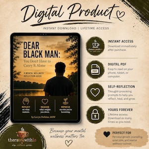 May include: A digital product guide titled Dear Black Man: You Don't Have to Carry It Alone, featuring a silhouette of a person facing a sunset over water. The guide includes sections for reflect, release, and refocus, with text by Loryn Perkins, MSW.