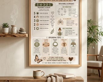 Coping Skills Poster, Grounding Techniques, Breathing Exercises (Digital Download)